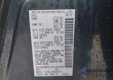 2014 Nissan Pathfinder Platinum z USA, uszkodzony, nr VIN 5N1AR2MM4EC614490